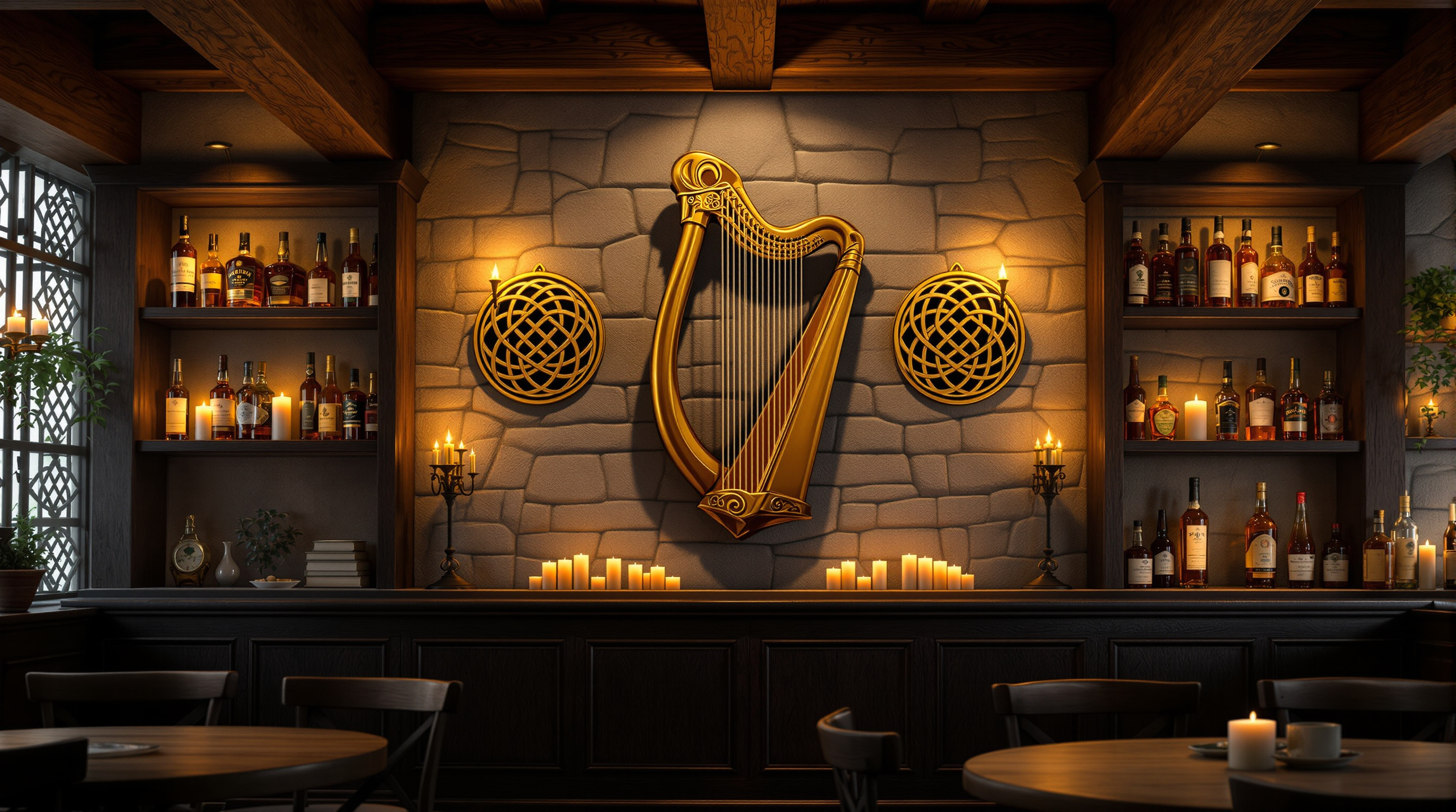 Traditional Irish harp and Celtic heritage decorations in warm pub atmosphere