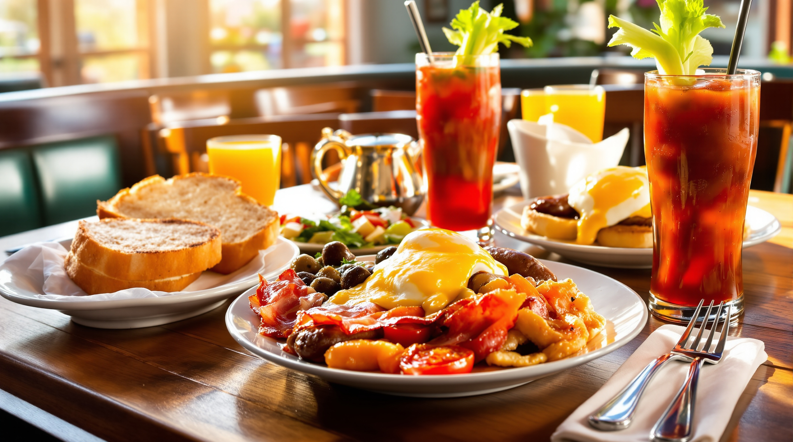 Sunday brunch spread at The Harp with Irish breakfast and Bloody Mary