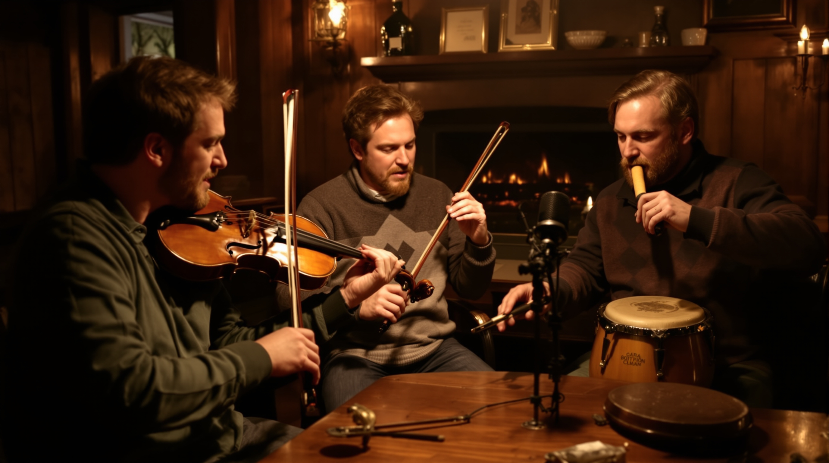 Traditional Irish music session with fiddle, tin whistle, and bodhrán