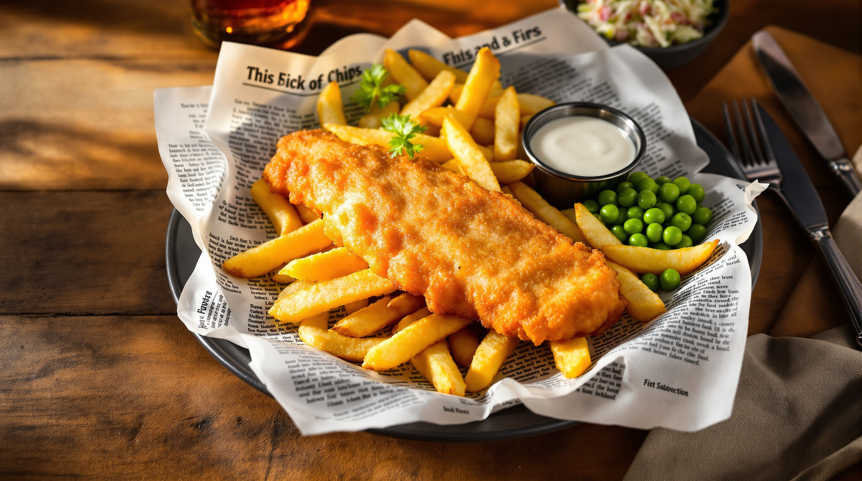 Classic Irish fish and chips with golden battered cod and hand-cut chips