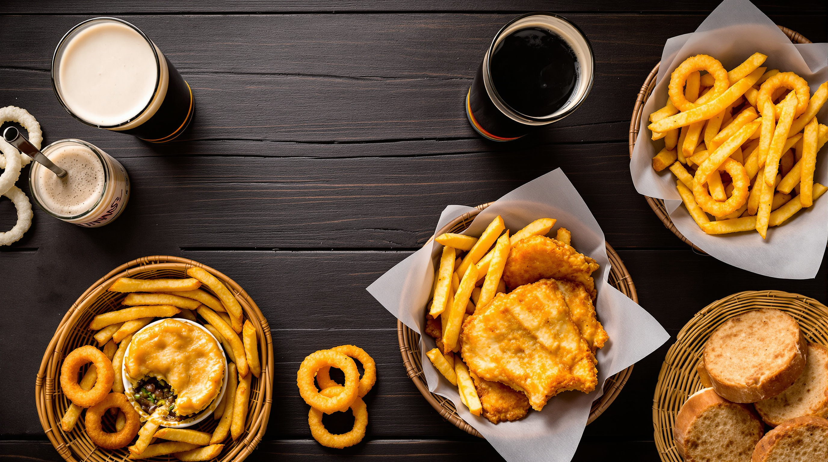 Irish pub food spread at The Harp including shepherd's pie and fish and chips
