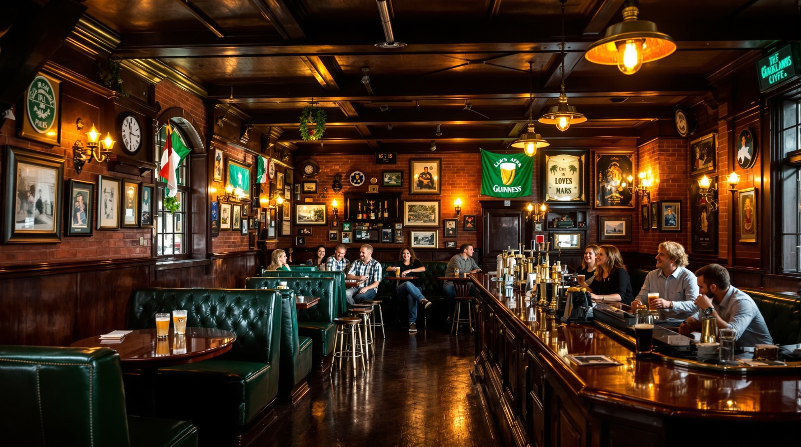 Warm interior of The Harp Irish pub in Wilmington NC with dark wood bar and Guinness taps