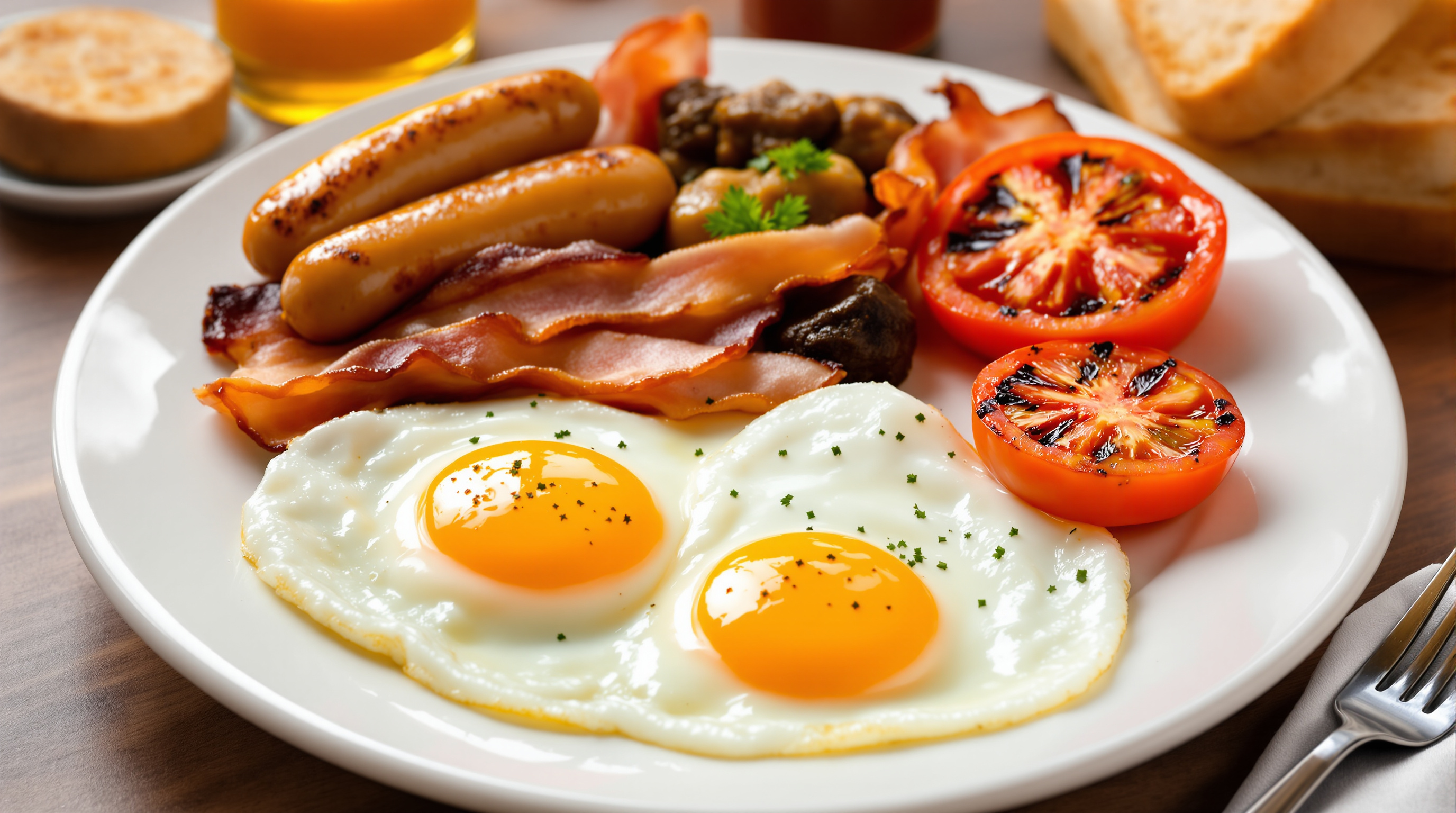 Traditional Irish full breakfast with bangers, rashers, pudding and eggs